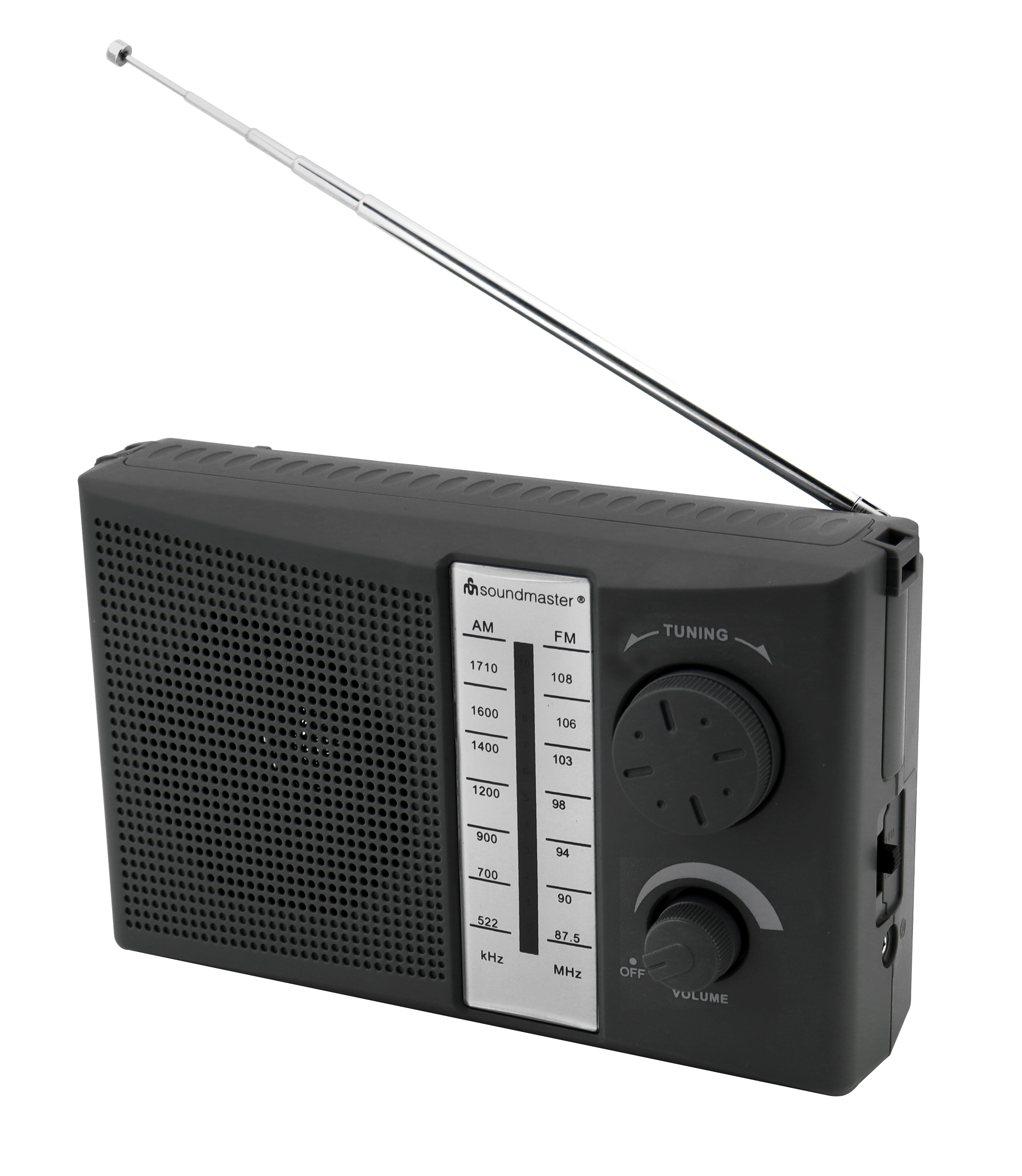 Schwarzes Soundmaster-Radio mit einem Abstimmrad, Lautstärkeregler und einer Antenne.