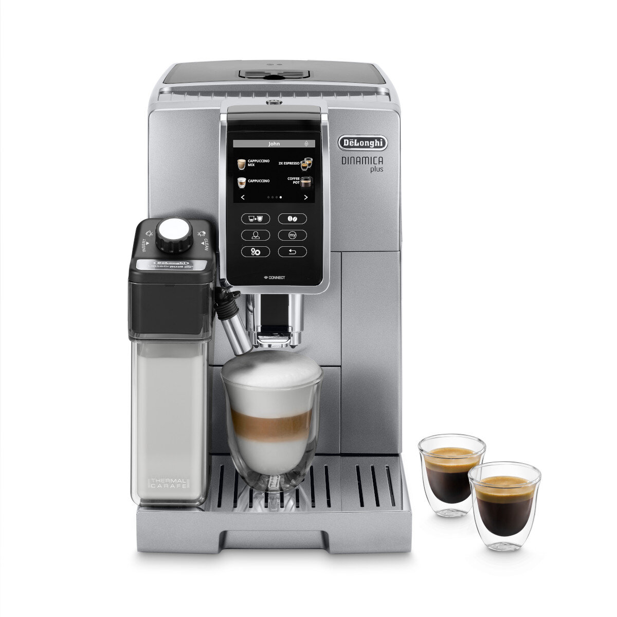 Srebrny ekspres do kawy DeLonghi ze szklanką latte i dwiema filiżankami espresso.