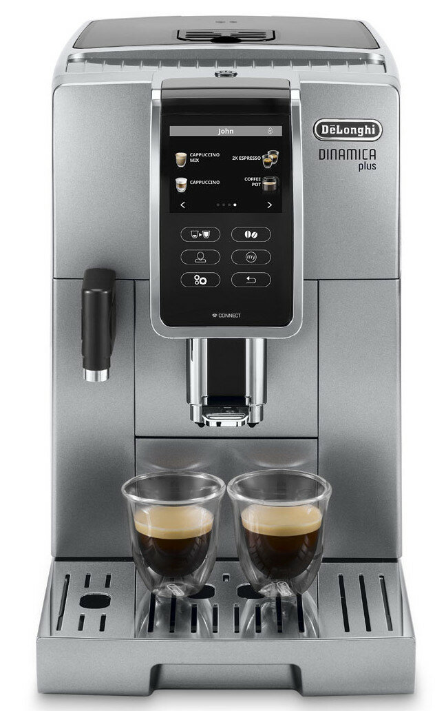 Ekspres do kawy De'Longhi z dwiema szklankami espresso.