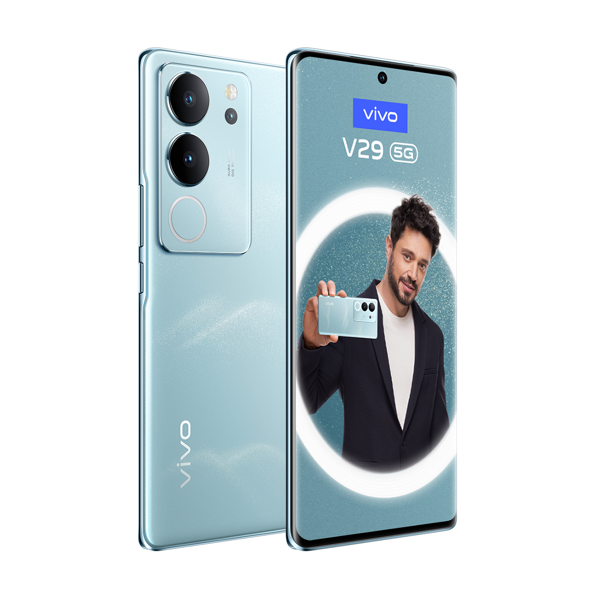 İki mavi telefon, biri elinde halka ışık ve telefon tutan bir adamı gösteriyor.