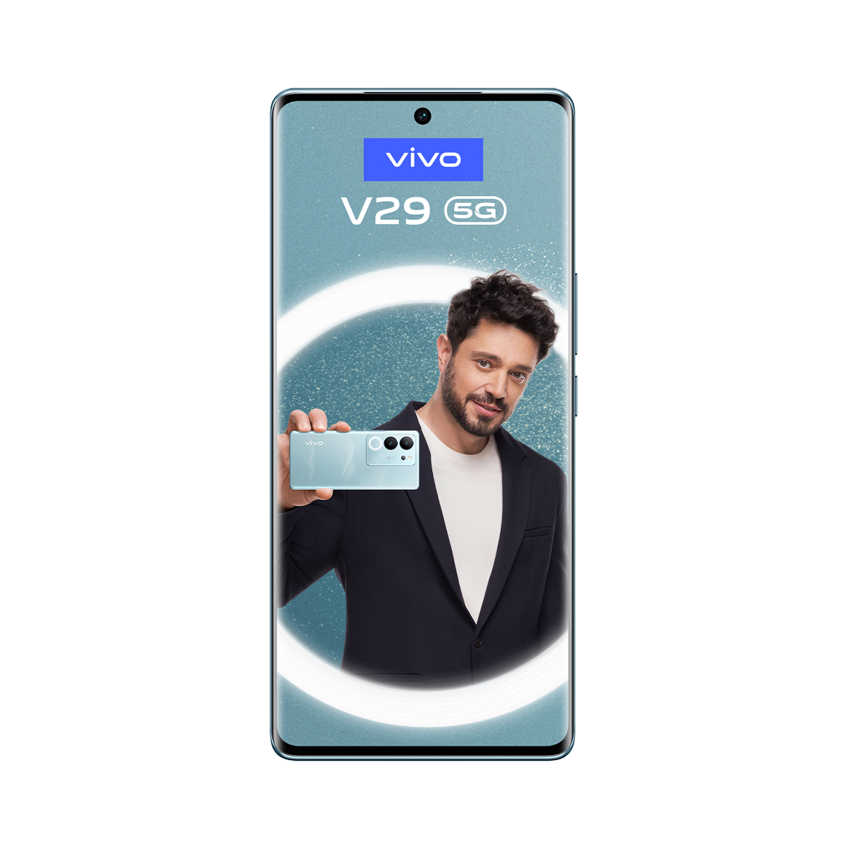 Siyah arka plan üzerinde halka ışığı ile bir Vivo V29 5G telefon tutan adam. Telefon ekranı içerik gösteriyor.