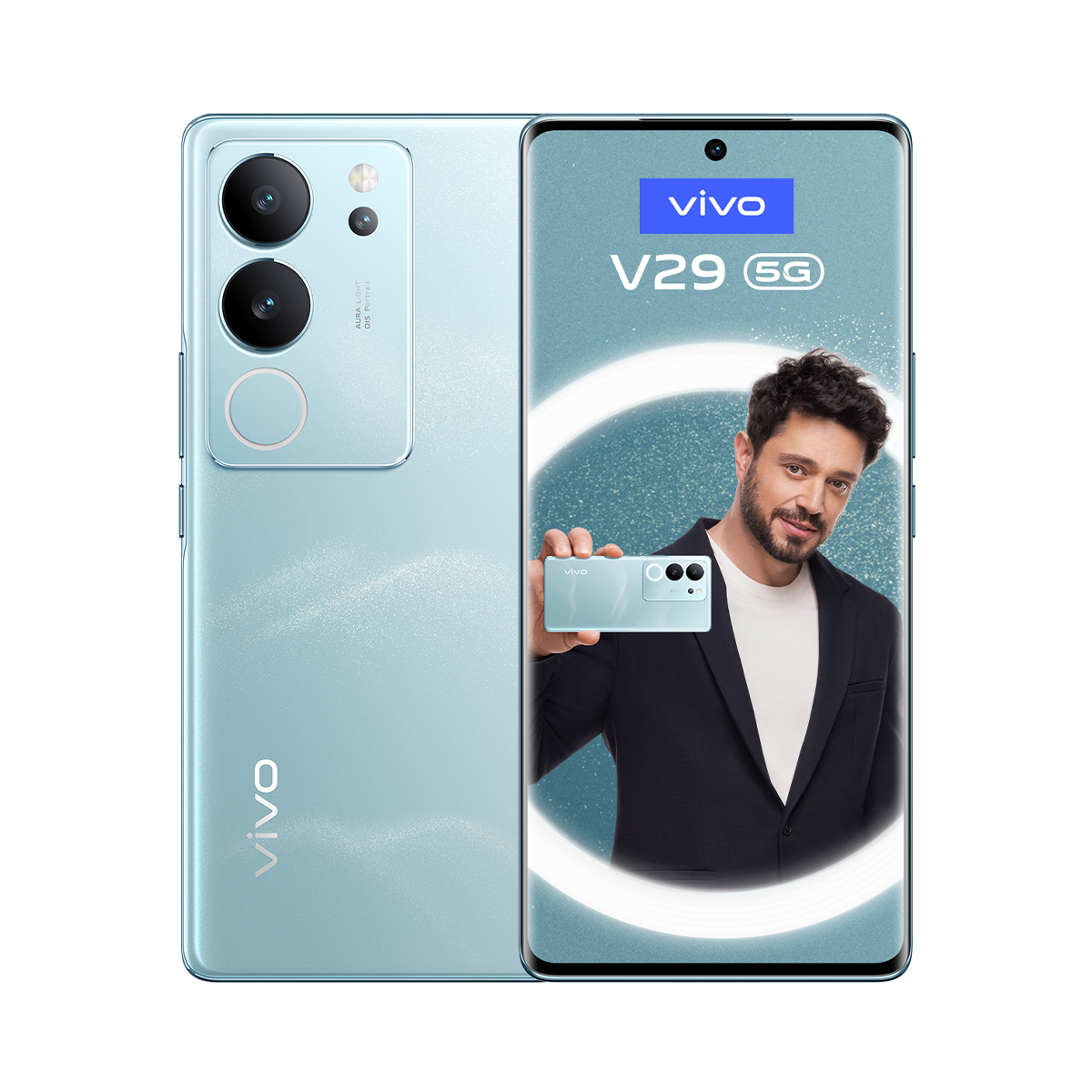Açık mavi bir Vivo V29 5G telefon, ekranda benzer bir telefon tutan bir adamla.