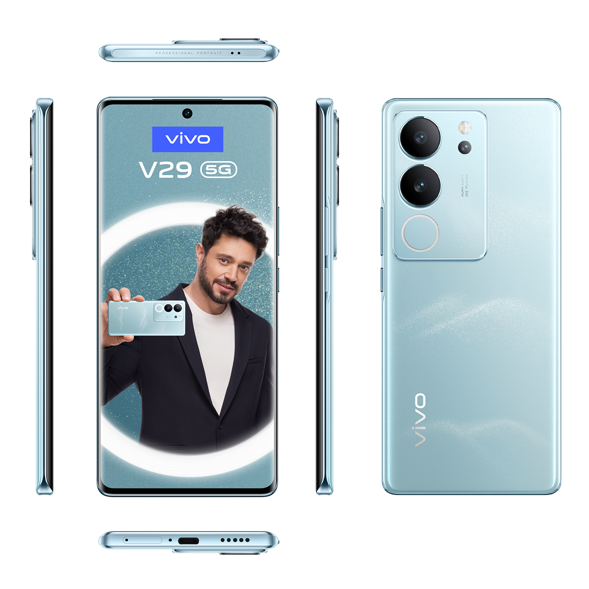Açık mavi bir vivo telefon. Çoklu açılar gösteriliyor. Ortada telefonu tutan adam.