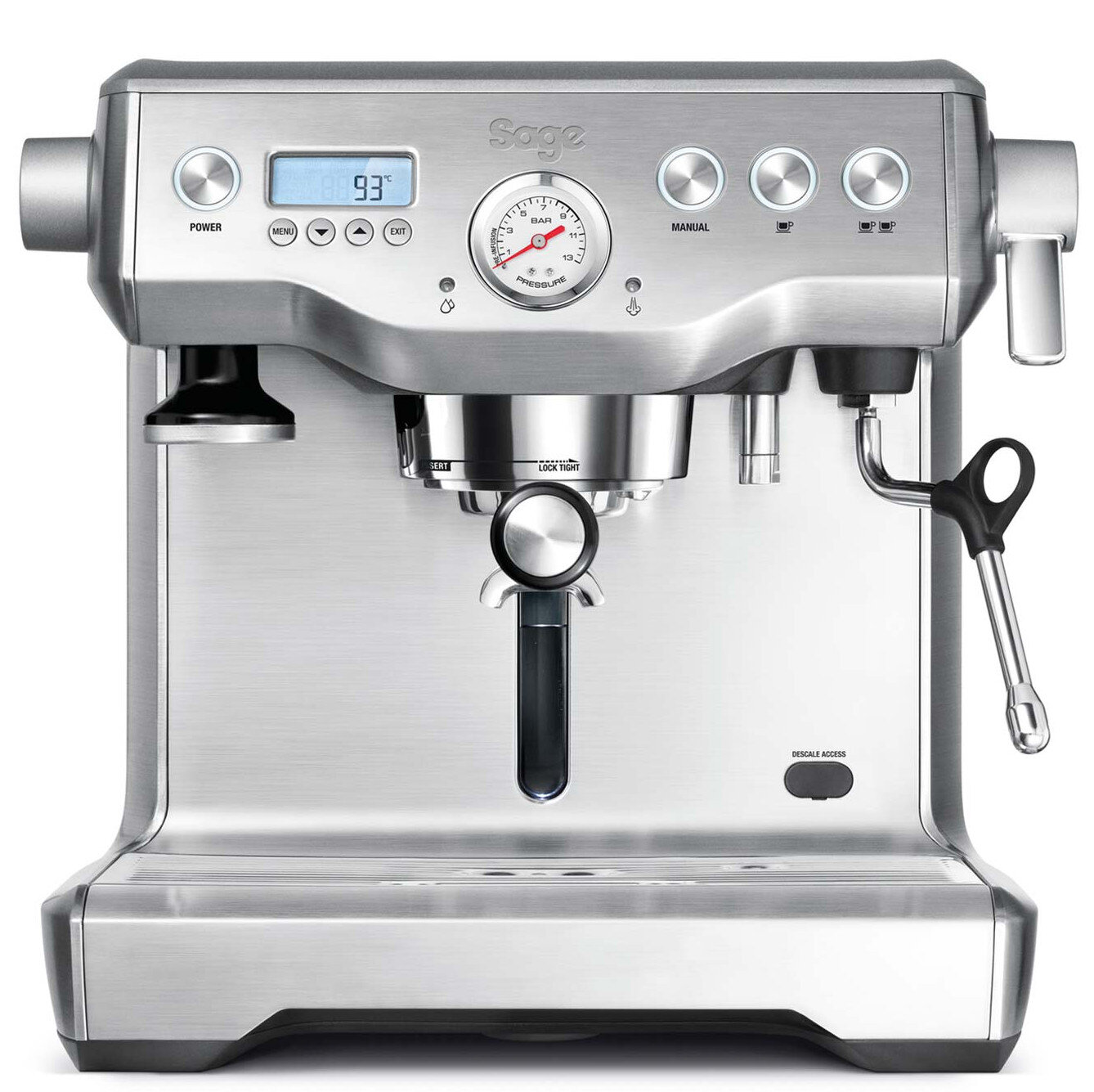 Srebrny ekspres do espresso z cyfrowym wyświetlaczem, manometrem i różnymi przyciskami.