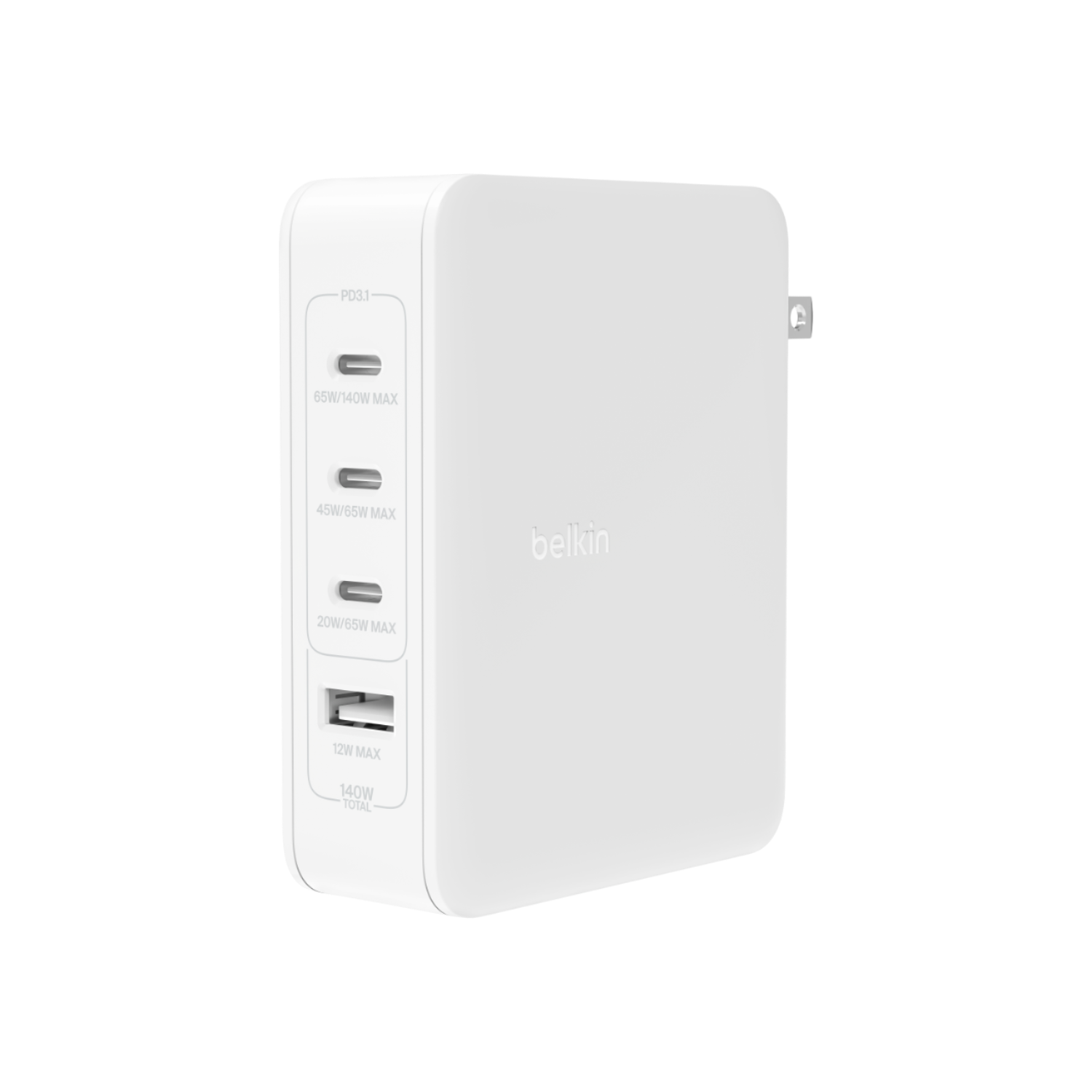 White Belkin charger with multiple charging ports and a power plug.