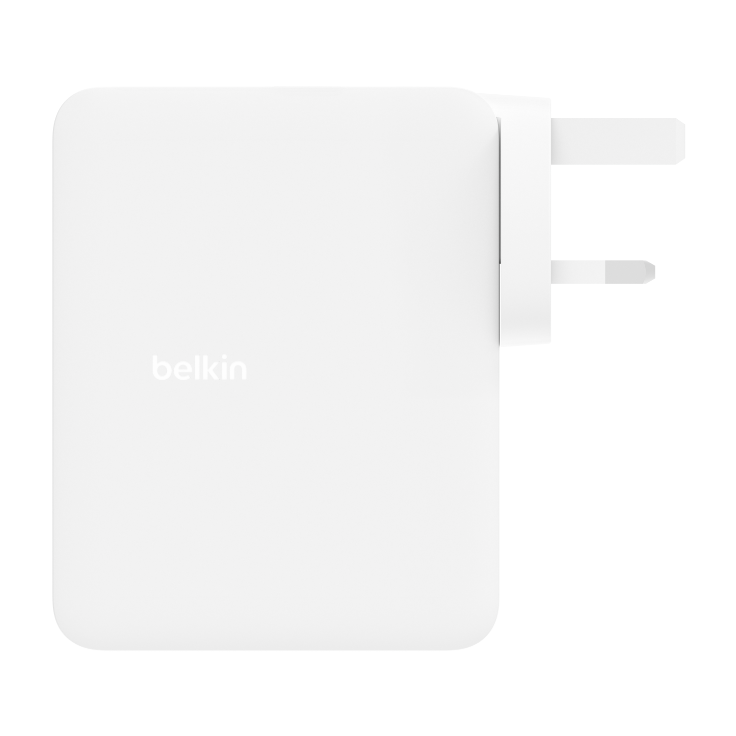 A white Belkin wall charger with a three-pronged plug. The brand name is visible.