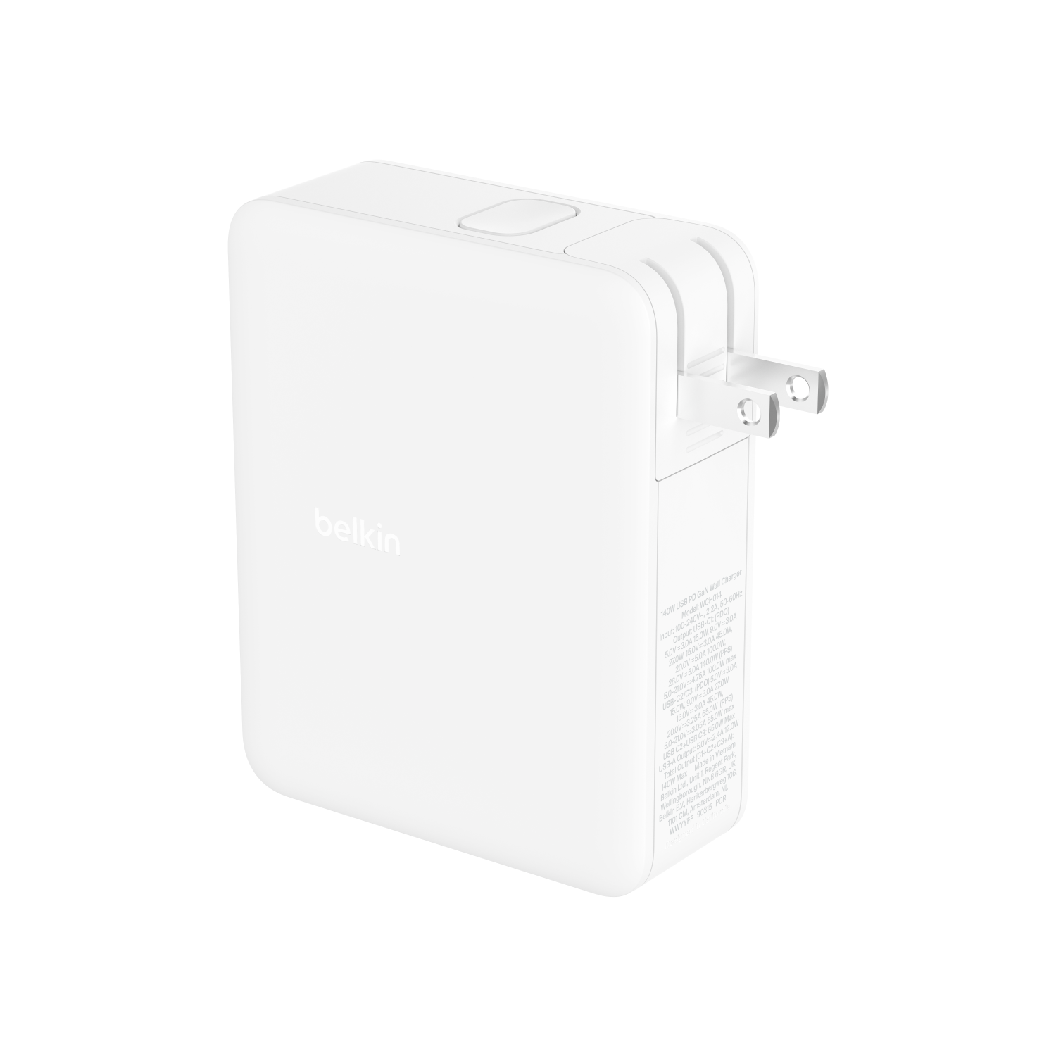 White Belkin power adapter, angled view.