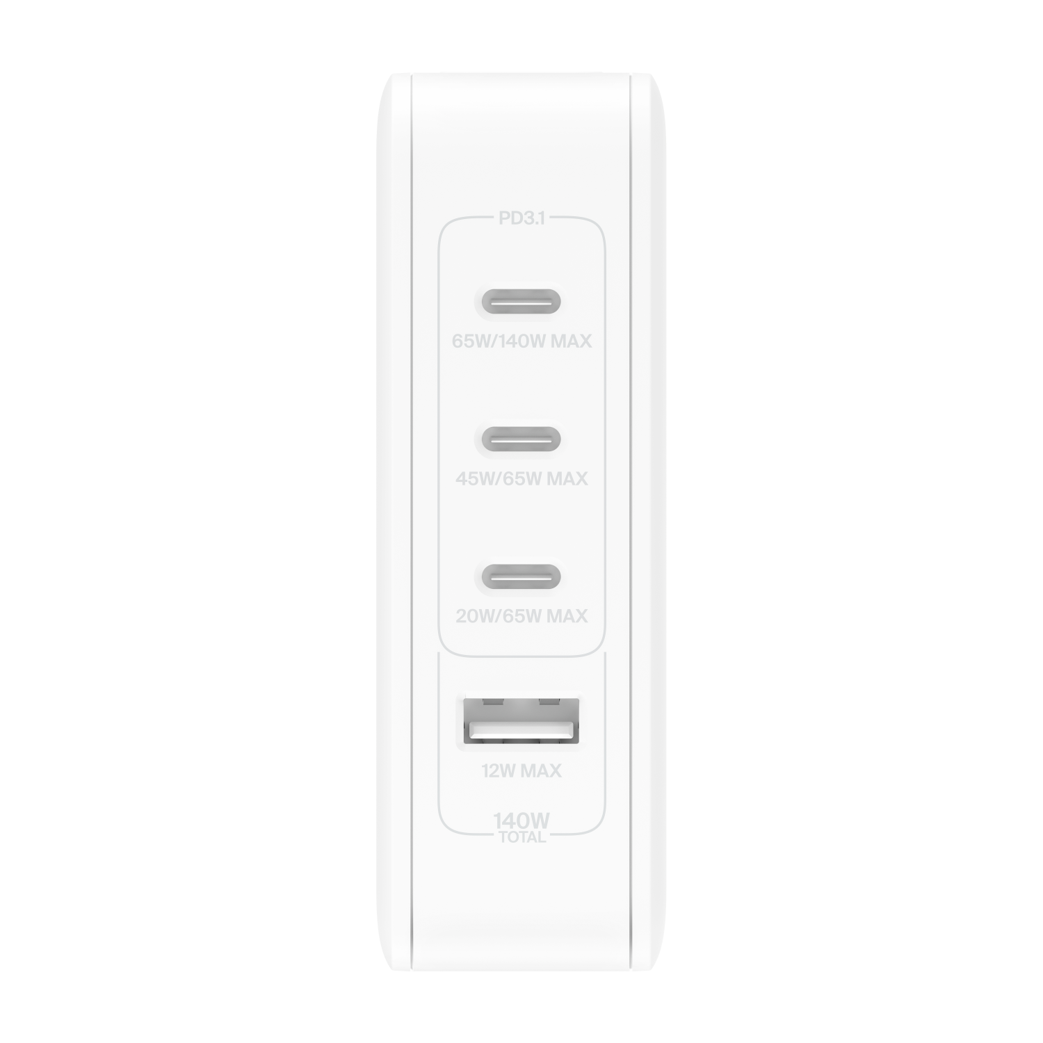 White power adapter with 4 USB-C ports and 1 USB-A port, labeled.