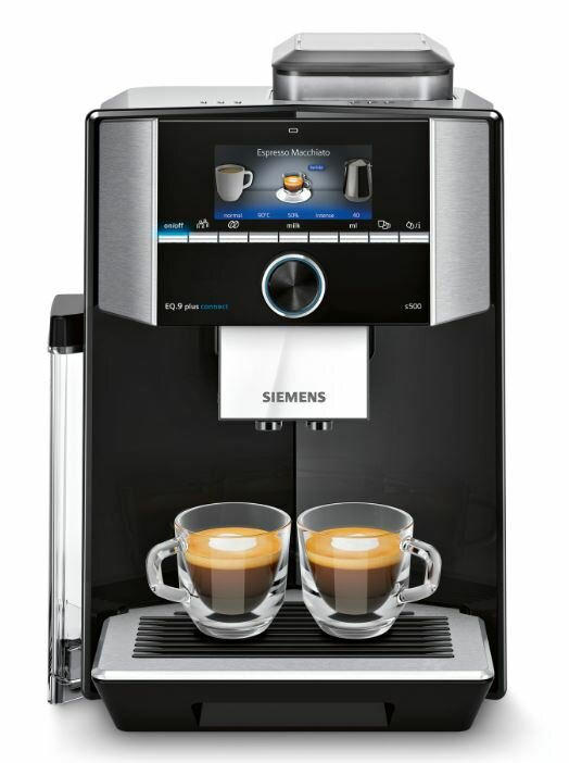 Czarny i srebrny ekspres do kawy z dwoma filiżankami espresso. Ekran dotykowy.