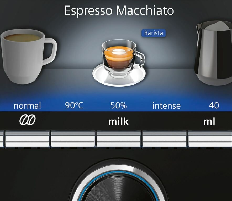 Instrukcje dotyczące espresso macchiato na ekranie maszyny. Wyświetlane są kawa, mleko i ustawienia.