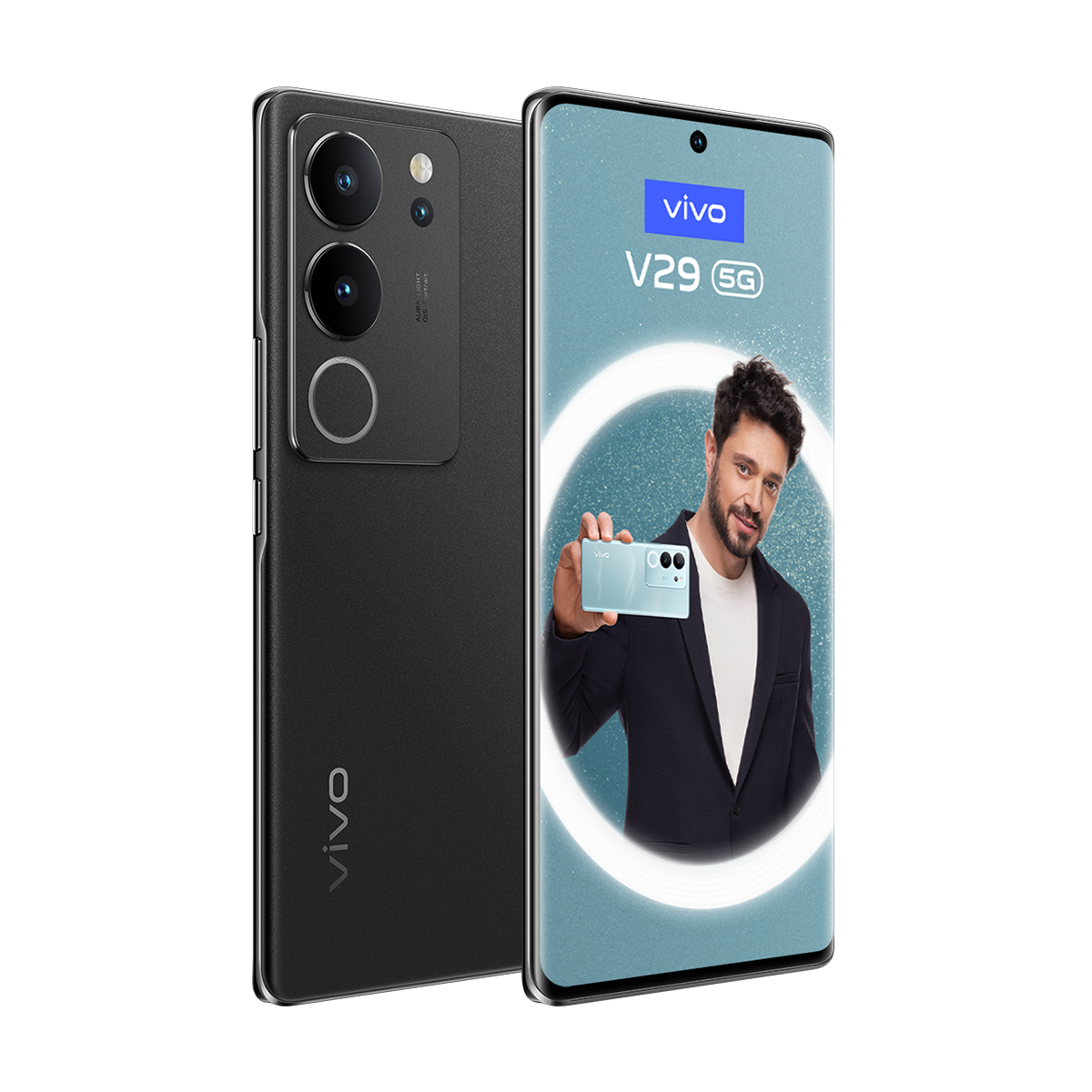 İki telefon. Biri kamera ile, diğeri mavi bir telefon tutan bir adamla. VIVO V29 5G yazıyor.