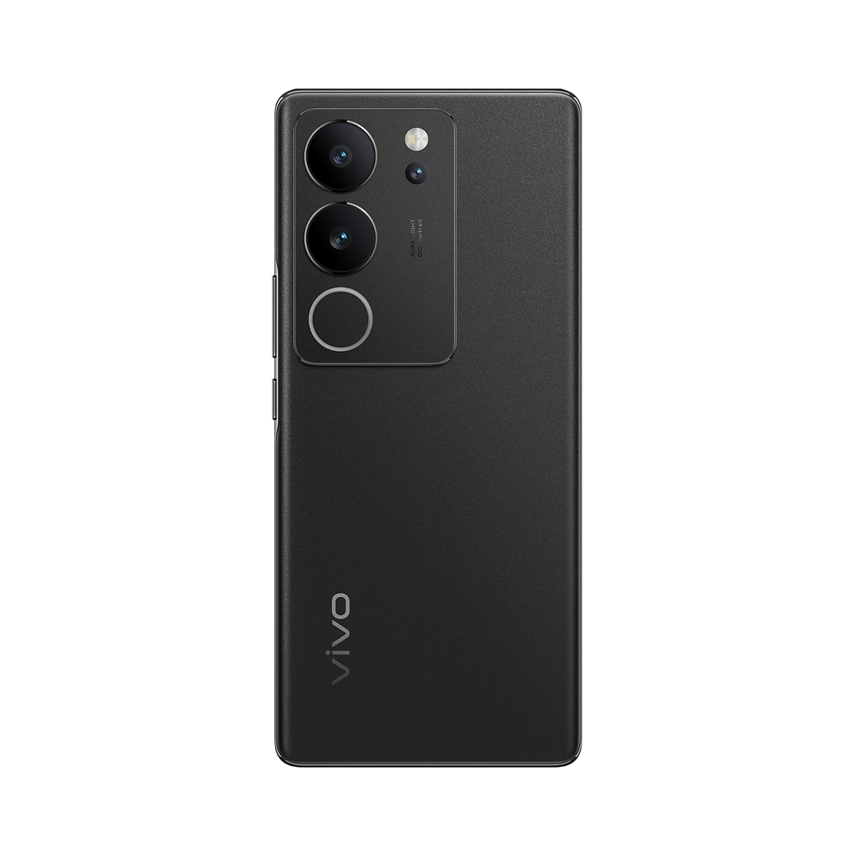 Karanlık bir ortamda iki kamerası ve Vivo logosu olan siyah bir Vivo telefonun arkası.