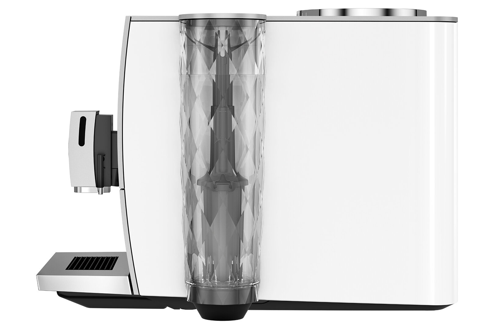 Biały i srebrny ekspres do kawy Jura z przezroczystym pojemnikiem na wodę z boku.