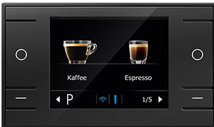 Czarny interfejs ekspresu do kawy z dwiema ikonami filiżanek.