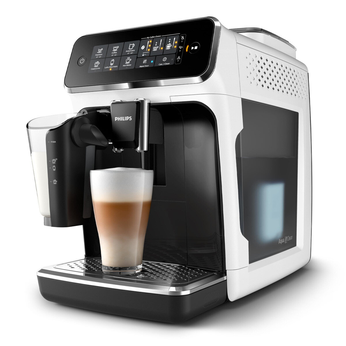 Biało-czarny ekspres do kawy Philips z szklanką latte macchiato.