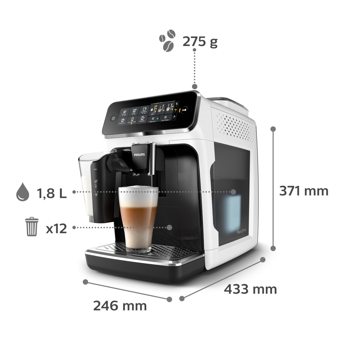 Biało-czarny ekspres do kawy Philips z wymiarami i szczegółami kawy.