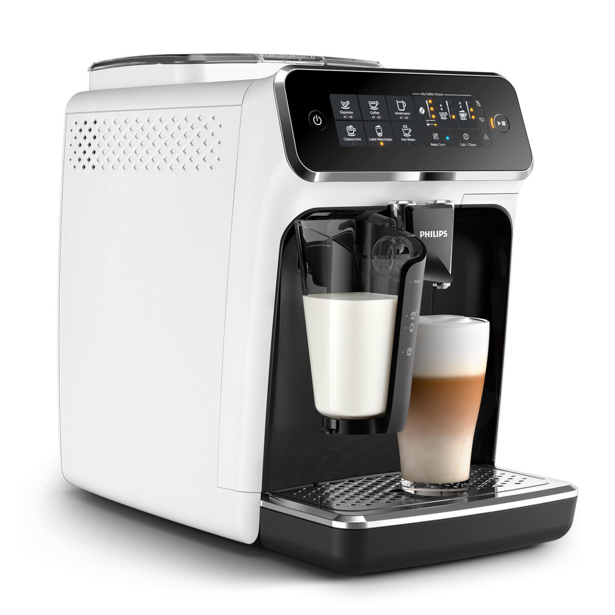 Biało-czarny ekspres do kawy z dwoma szklankami, jedną z mlekiem, drugą z kawą.