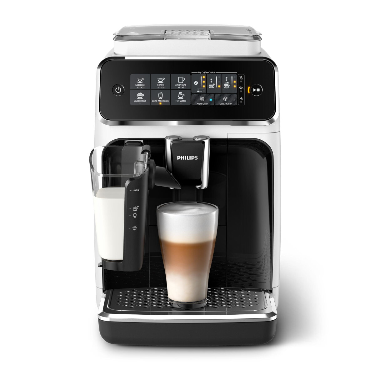 Biało-czarny ekspres do kawy Philips z pojemnikiem na mleko i szklanką latte macchiato.