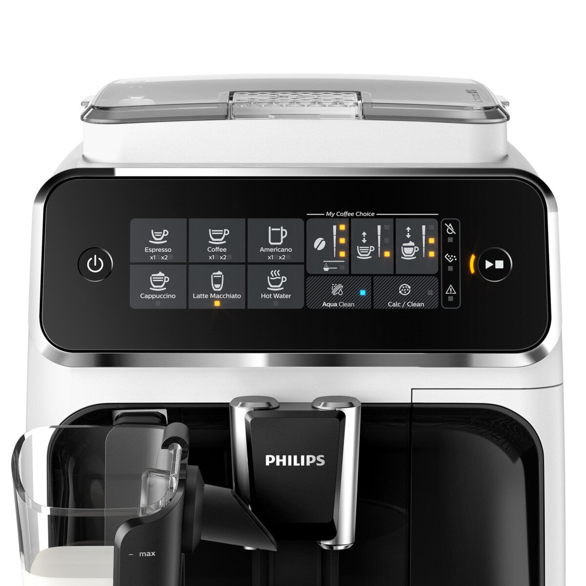 Zbliżenie białego i czarnego panelu sterowania ekspresu do kawy Philips.