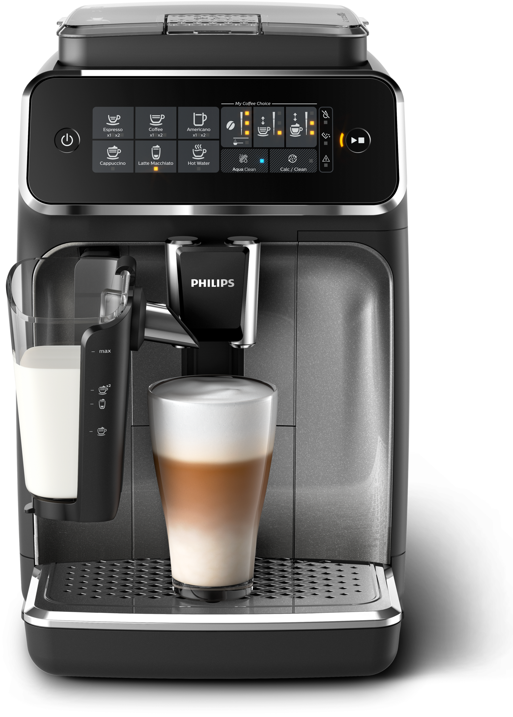 Czarny ekspres do kawy Philips z latte wlewanym do szklanki, z kilkoma ikonami na górze.