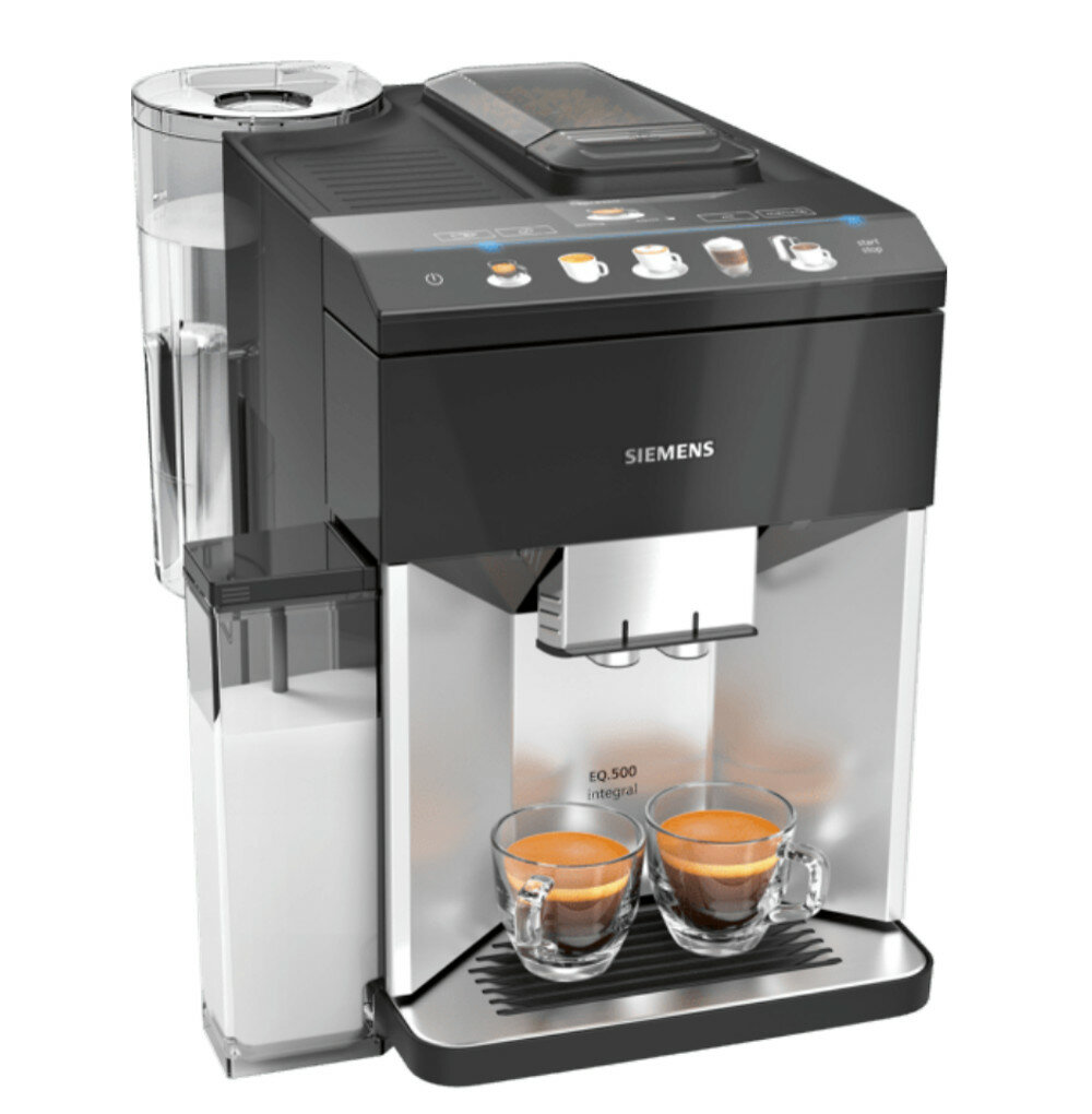 Ekspres do kawy Siemens, dwie filiżanki espresso, czarno-srebrny design, ze zbiornikiem na wodę.