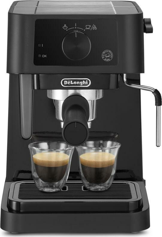 Czarny ekspres do espresso z dwiema szklankami wypełnionymi kawą. Widoczna marka Delonghi.