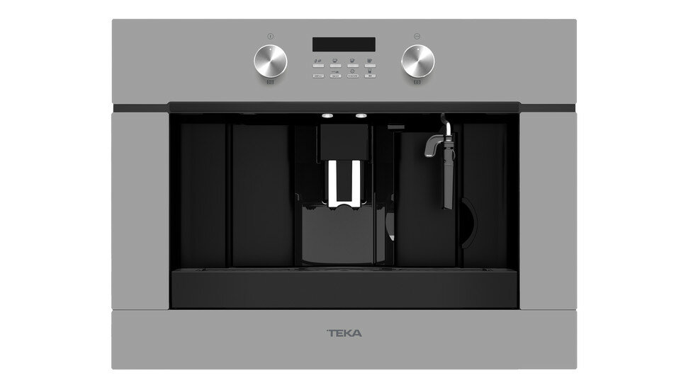 Wbudowany ekspres do kawy, szary panel, przyciski i wyświetlacz cyfrowy. Czarne wnętrze, marka Teka.