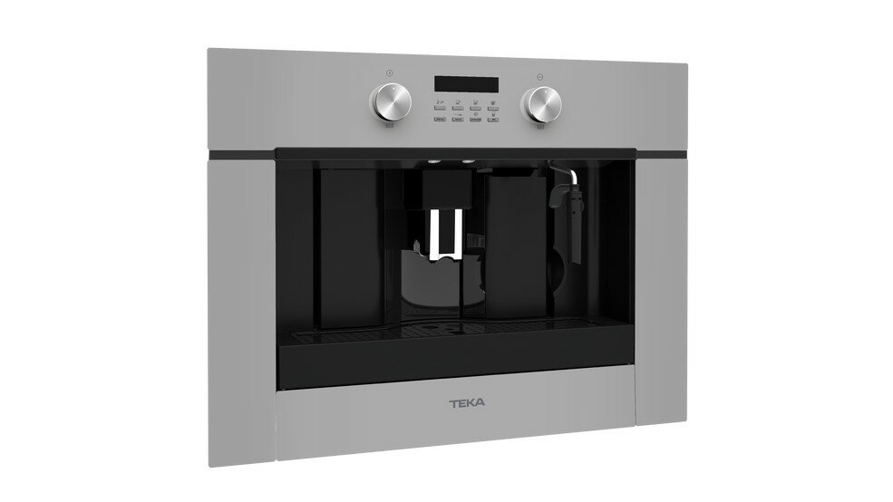 Wbudowany ekspres do kawy, metaliczny srebrny, z czarnymi detalami i dwoma pokrętłami.