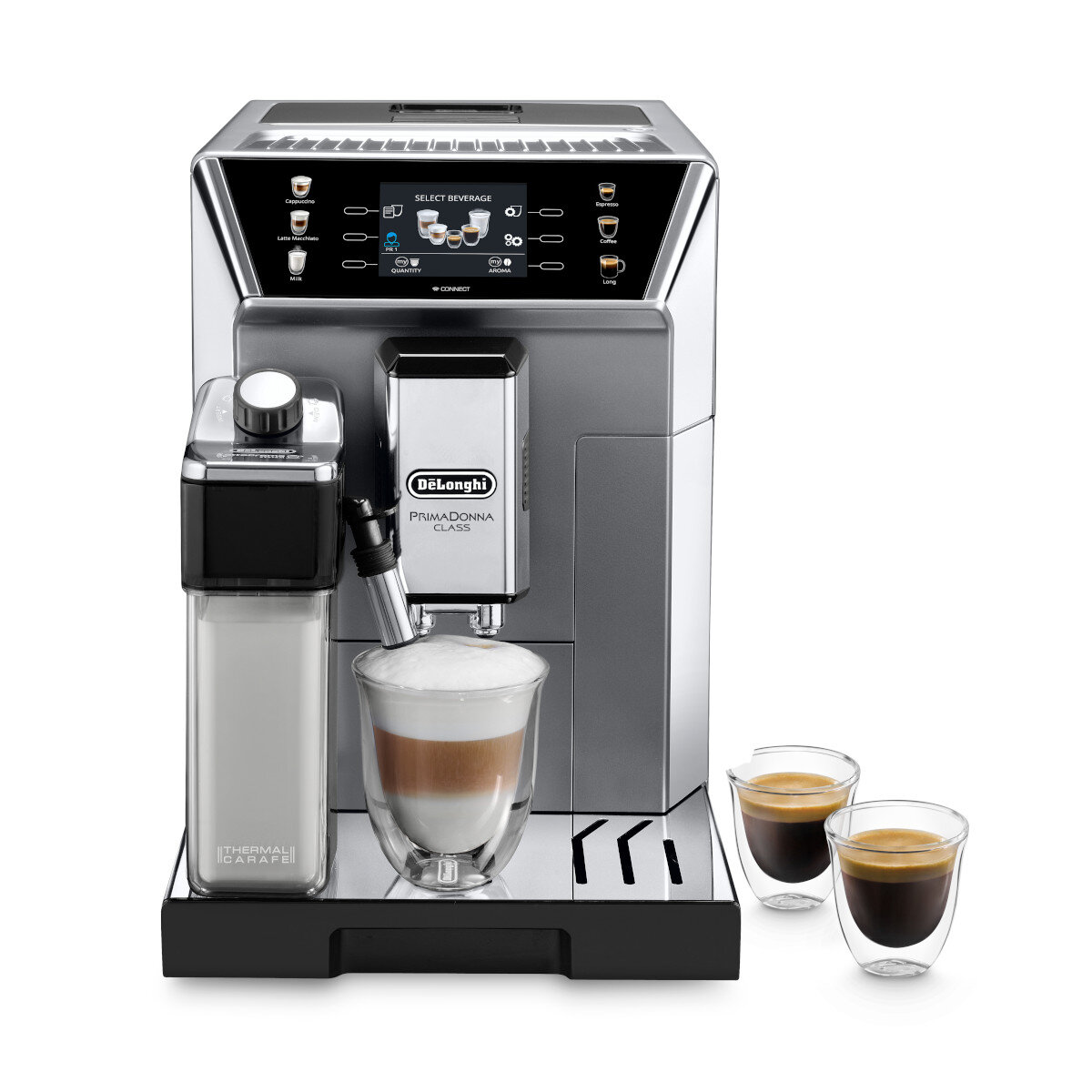 Ekspres do kawy DeLonghi PrimaDonna. Ma wyświetlacz i robi cappuccino. Dwie małe filiżanki espresso.