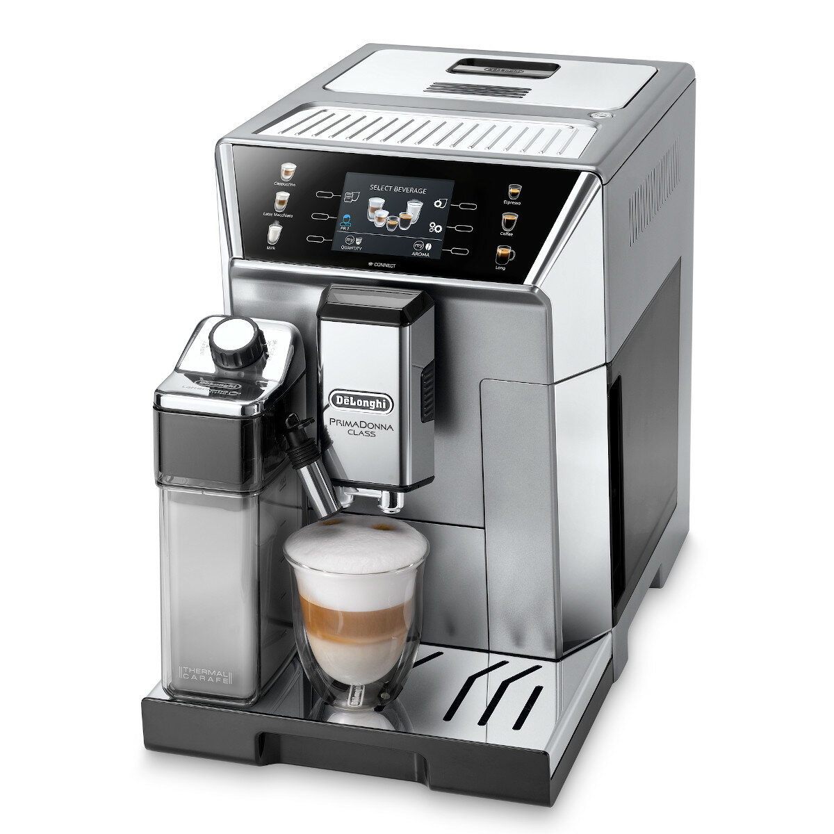 Srebrny ekspres do kawy DeLonghi PrimaDonna z pojemnikiem na mleko i szklanką latte.