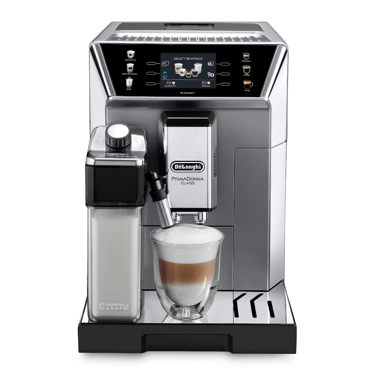Srebrno-czarny ekspres do kawy De'Longhi Primadonna Class. Ma karafkę na mleko i filiżankę latte.