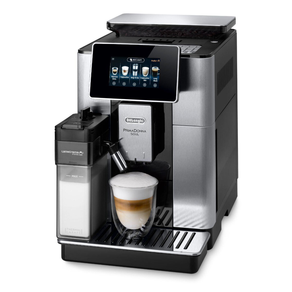 Srebrno-czarny ekspres do kawy ze szklanką latte i ekranem.