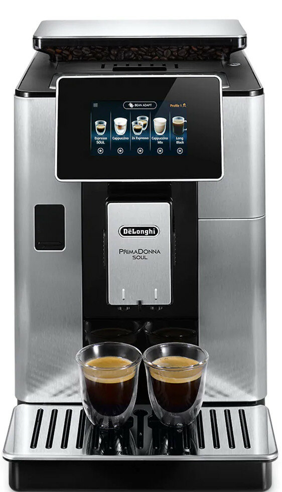 Nowoczesny srebrny ekspres do espresso z wyświetlaczem i dwoma szklankami kawy. Czarna taca.