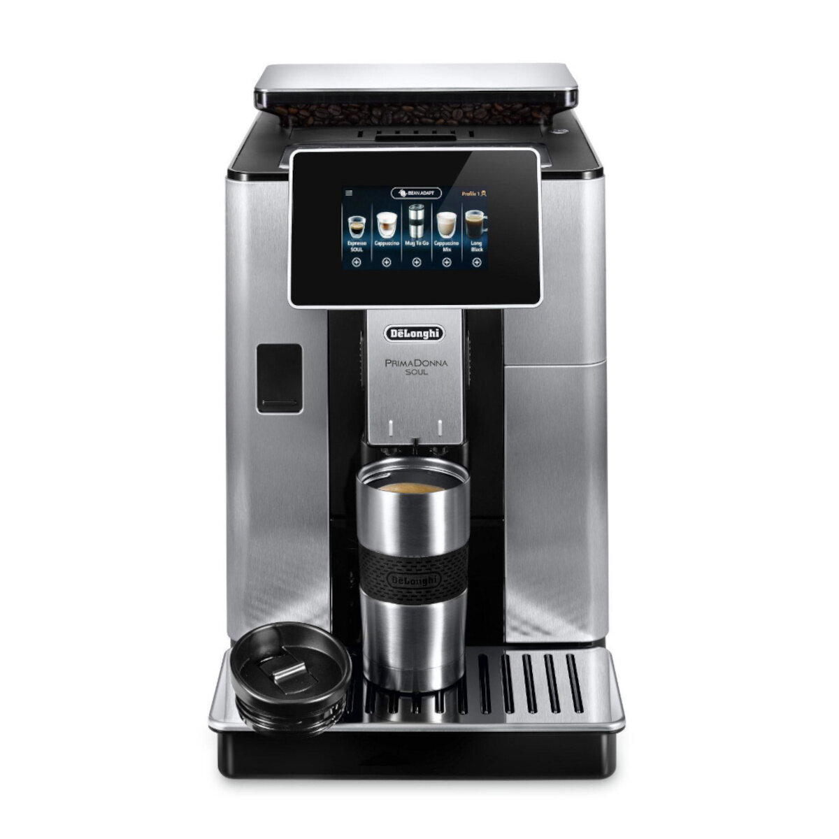 Srebrno-czarny ekspres do kawy z filiżanką i ekranem dotykowym na białym tle.