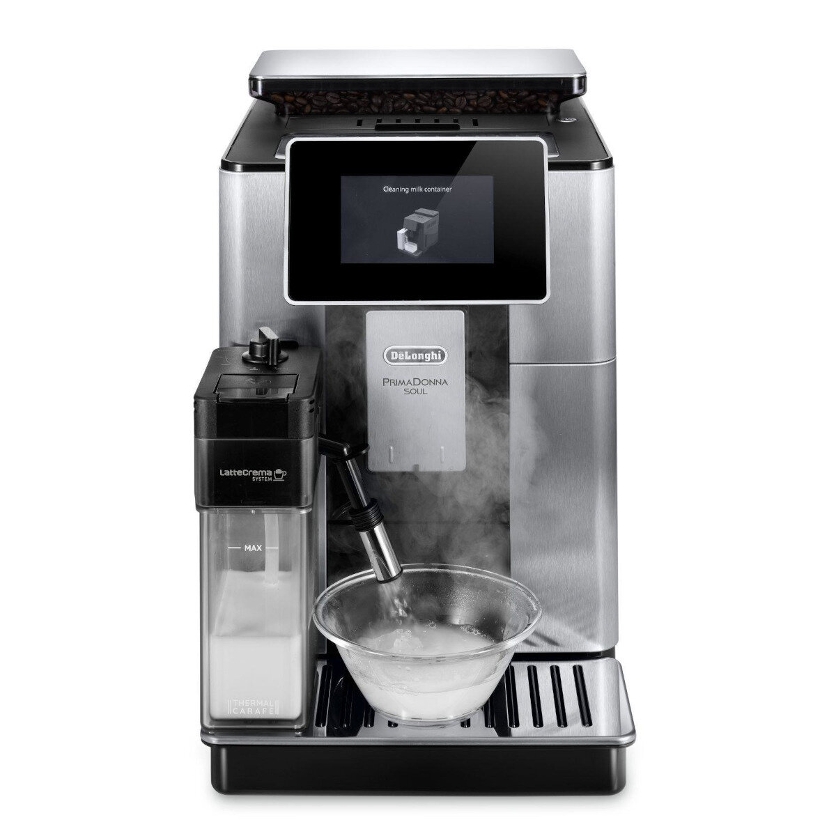 Ekspres do kawy z ekranem pokazującym czyszczenie pojemnika na mleko.