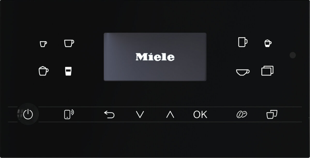 Czarny panel sterowania ekspresu do kawy z białymi ikonami. Wyświetla logo Miele, przycisk zasilania, opcje filiżanek i symbole sterowania.