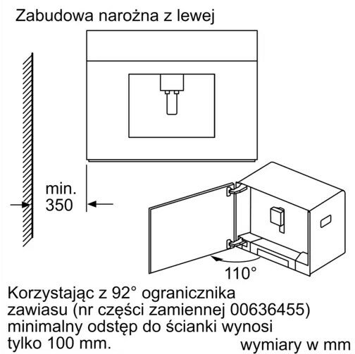 Rysunek techniczny wbudowanego ekspresu do kawy, pokazujący wymiary i szczegóły instalacji.