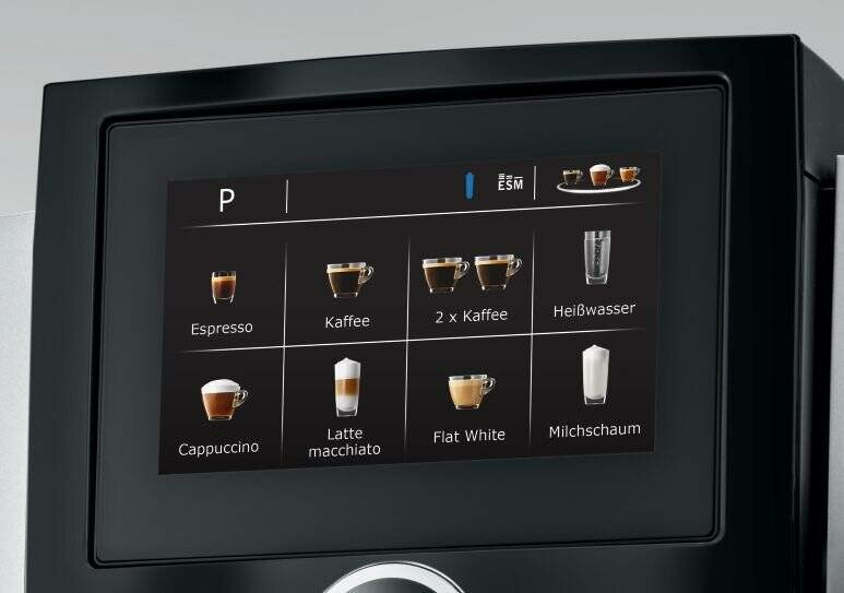 Ekspres do kawy z ekranem dotykowym, pokazujący opcje napojów: Espresso, kawa, latte itp.