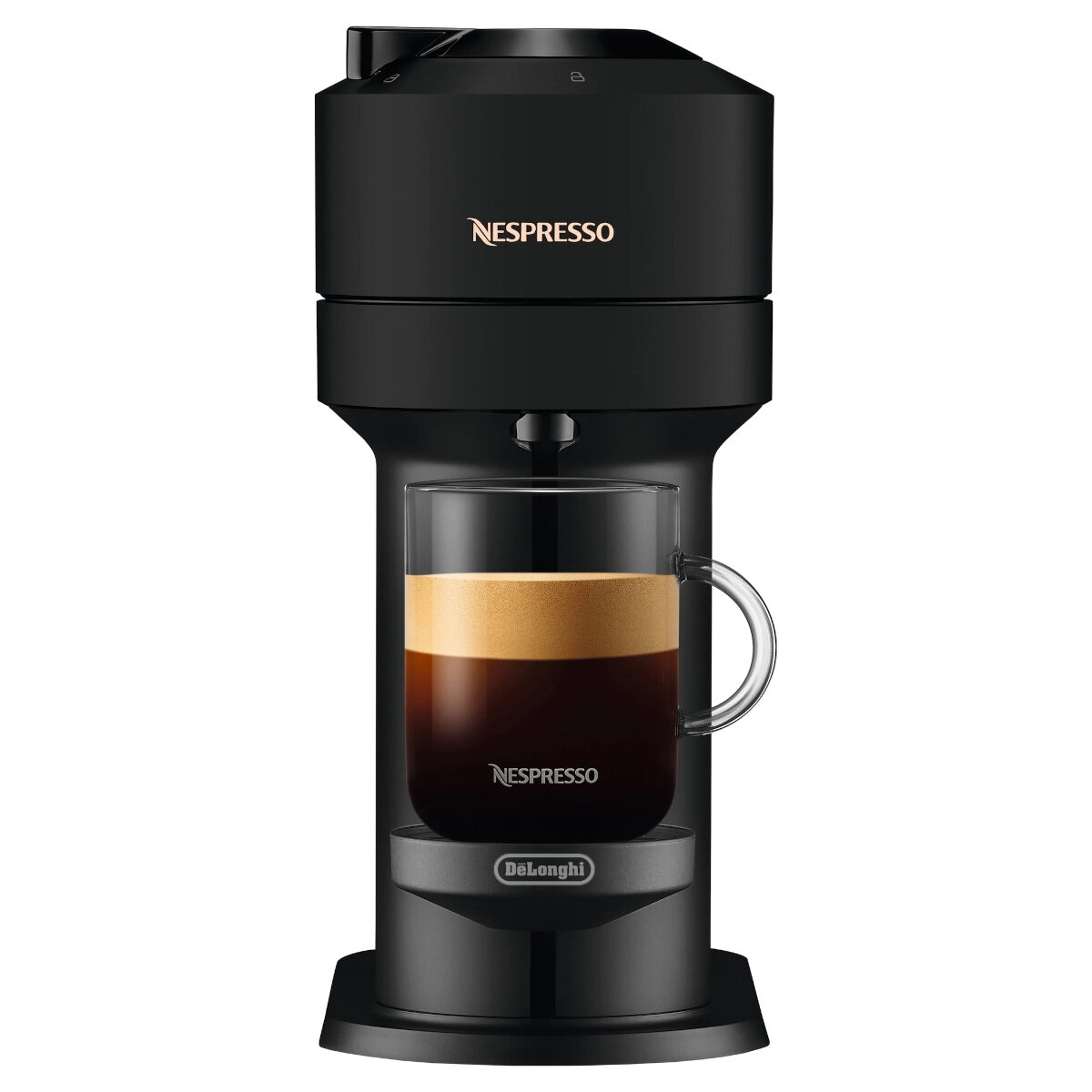 Czarny ekspres Nespresso ze szklanką kawy; podstawa Delonghi.