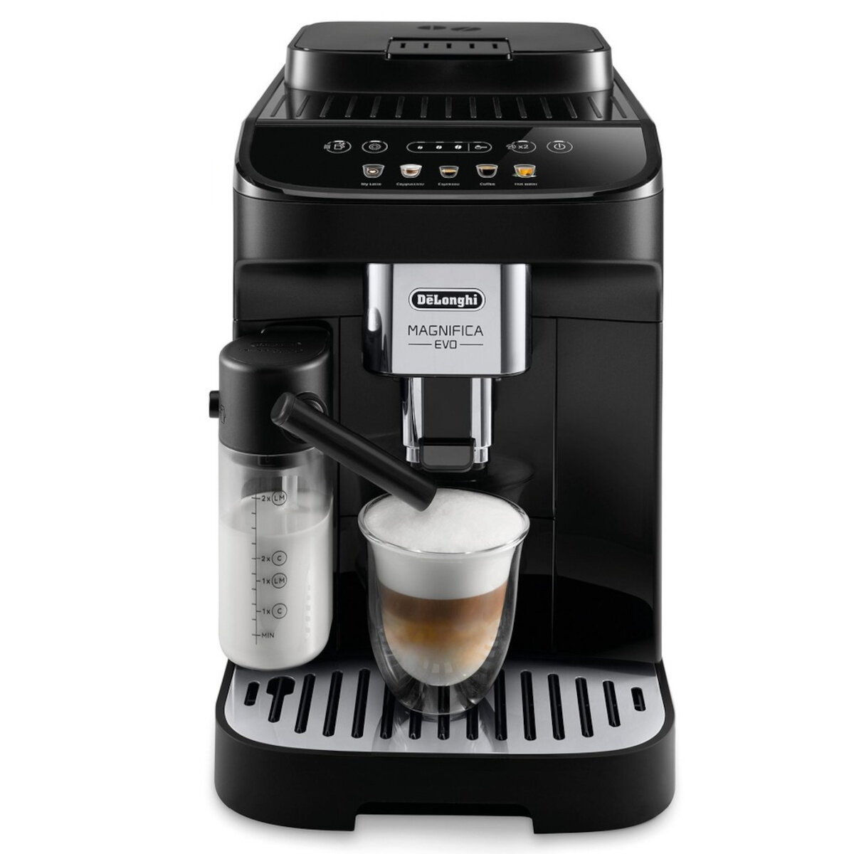 Czarny ekspres do kawy DeLonghi z spieniaczem do mleka i szklanką latte.