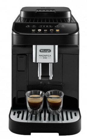 Czarny ekspres do kawy DeLonghi Magnifica Evo z dwiema szklankami espresso na tacy.