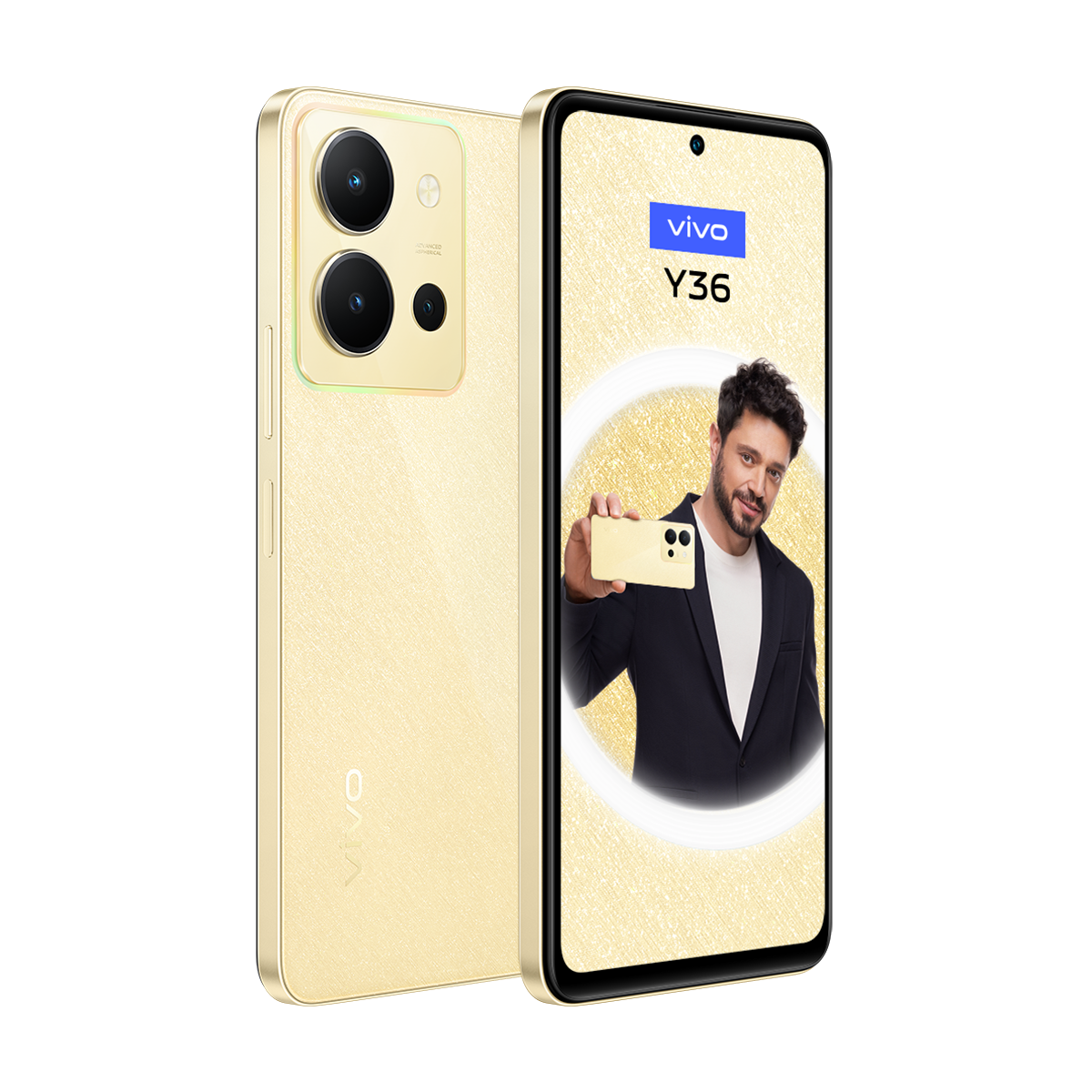 Altın telefon, iki görünüm. Arkası ve bir adamın telefon tuttuğu ekran. Siyah zemin.
