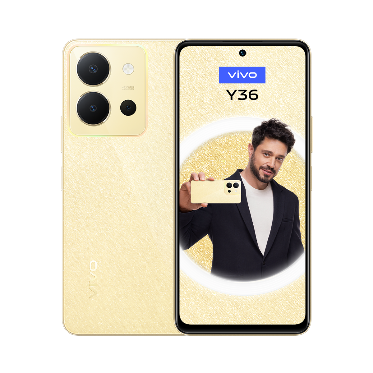 Ekranında benzer bir telefon tutan bir adamla birlikte sarı bir Vivo Y36 telefonu.