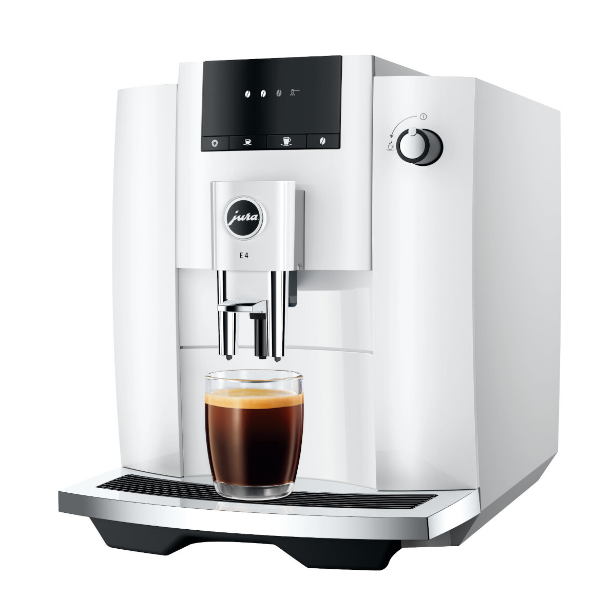 Biały ekspres do kawy Jura ze szklanką kawy. Maszyna ma przyciski i pokrętło.