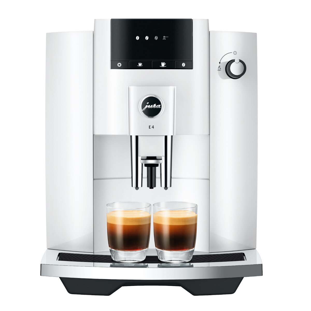 Biały ekspres do kawy Jura E4 z dwoma szklankami espresso z przodu.