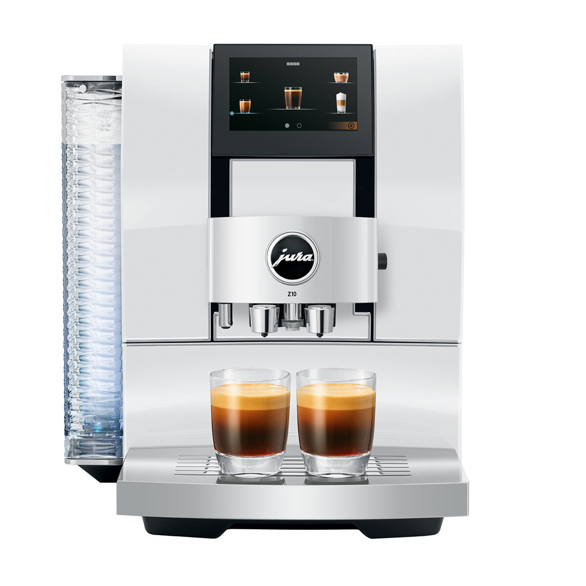 Biały ekspres do kawy Jura Z10 z dwoma espresso w szklankach i ekranem dotykowym.