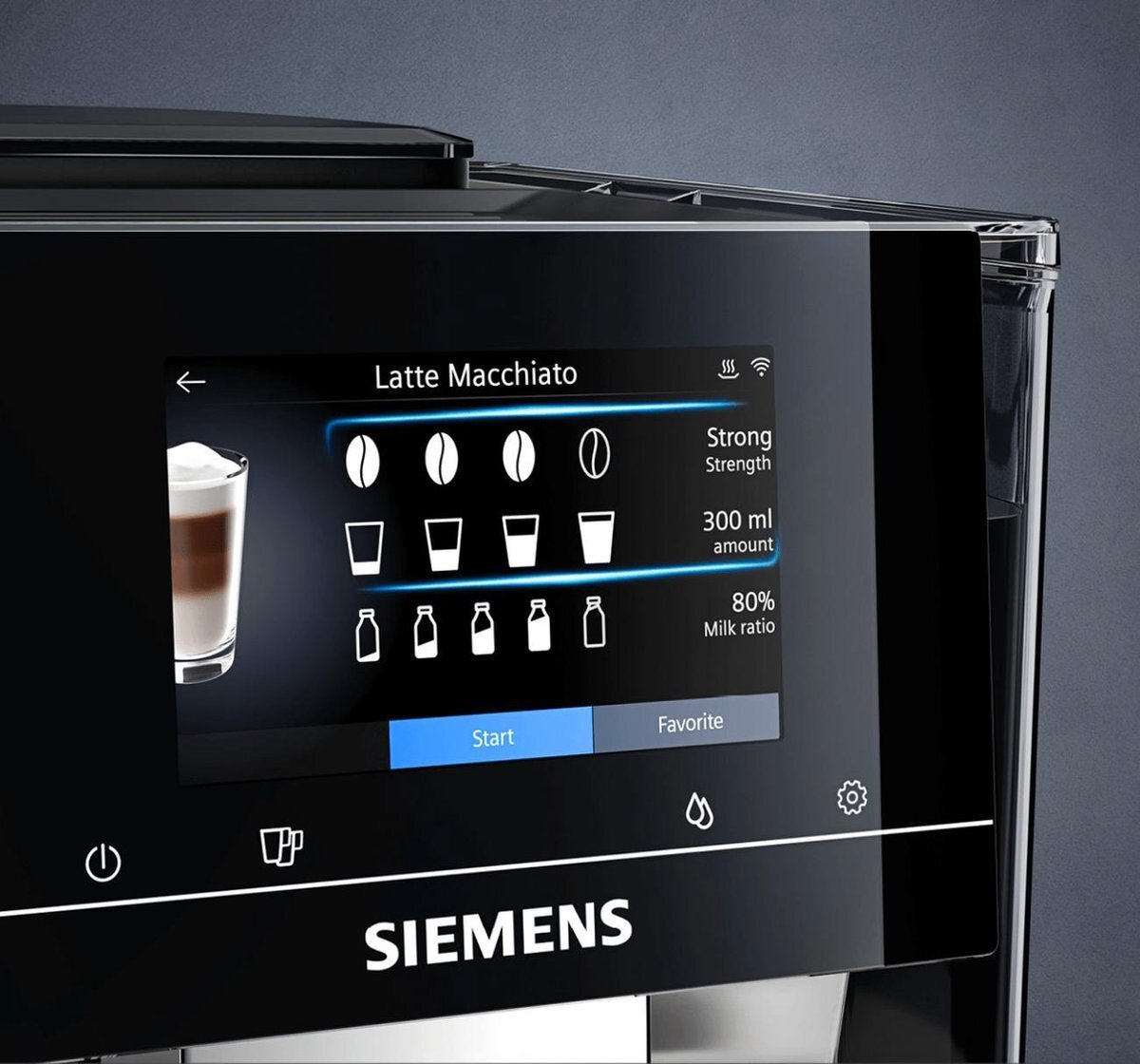 Zbliżenie czarnego wyświetlacza ekspresu do kawy Siemens z opcją Latte Macchiato.