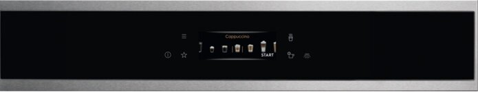 Panel ekspresu do kawy ze stali nierdzewnej z czarnym wyświetlaczem, opcjami cappuccino i ikonami. Panel ma srebrną ramę.
