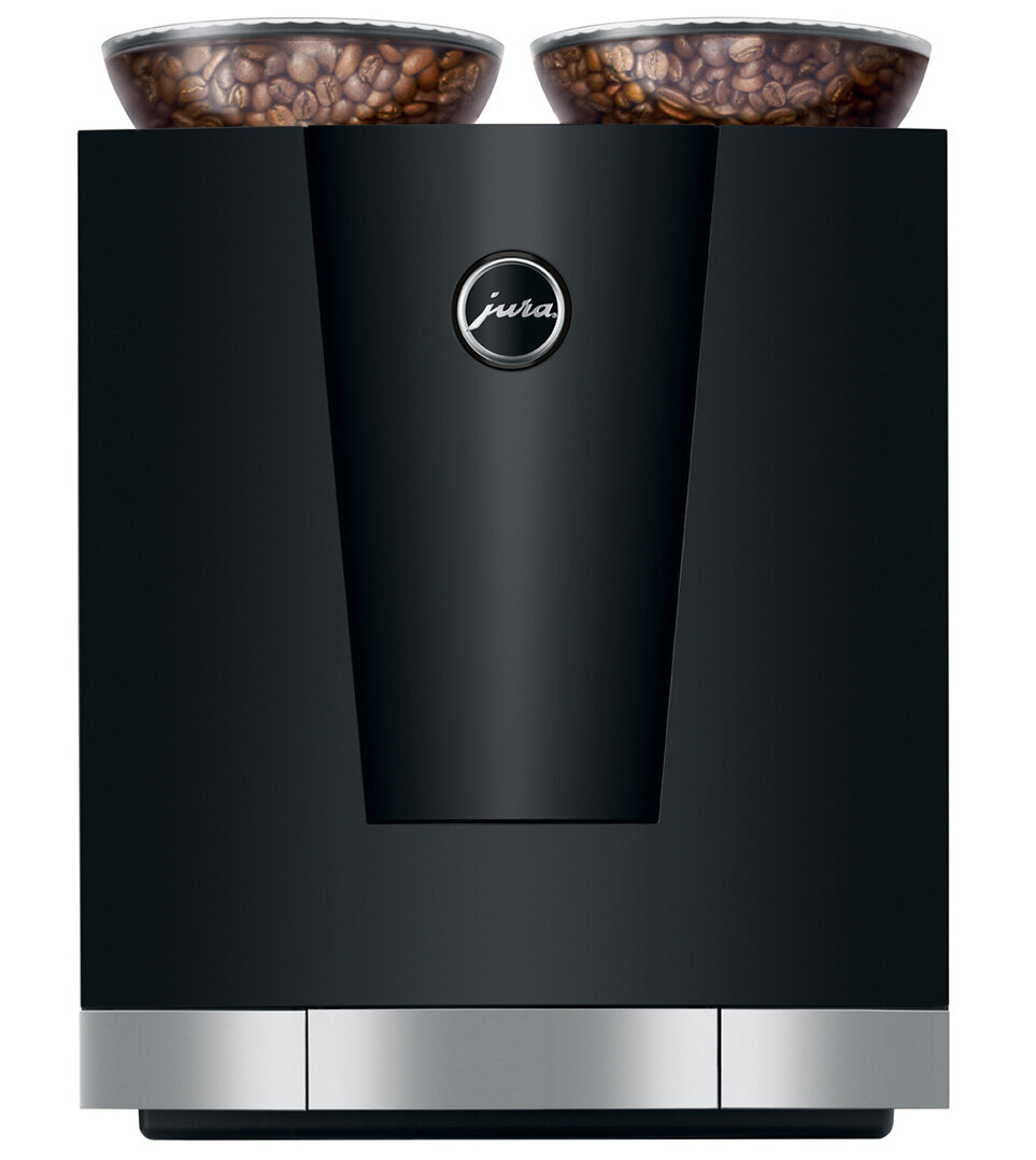 Czarny ekspres do kawy z dwoma pojemnikami wypełnionymi ziarnami kawy.