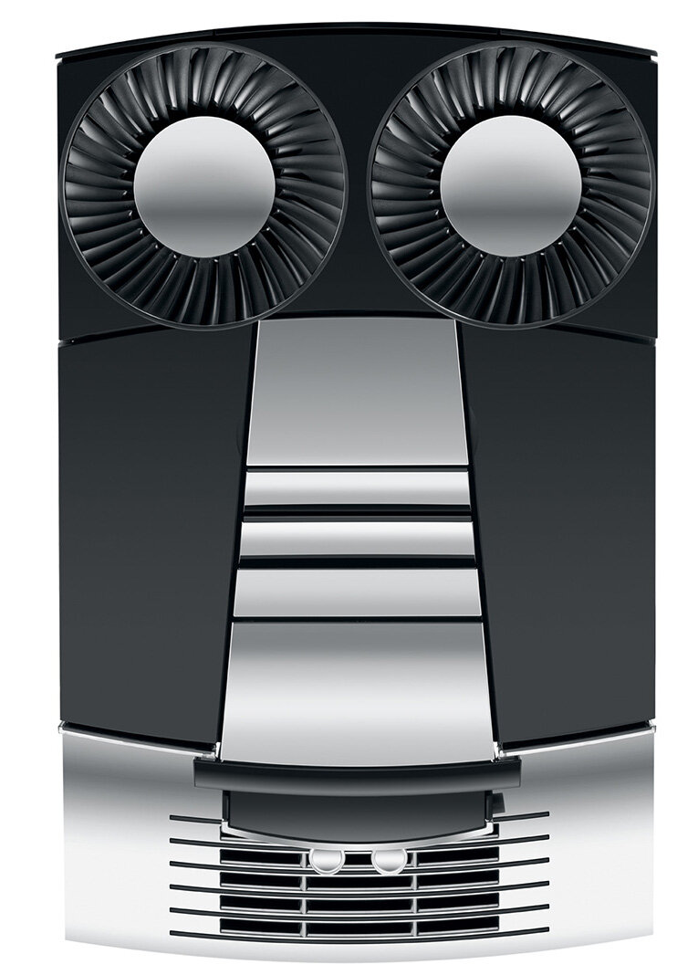Zbliżenie czarno-srebrnego projektu z dwiema strukturami przypominającymi wentylator na górze i szeregiem metalowych paneli.